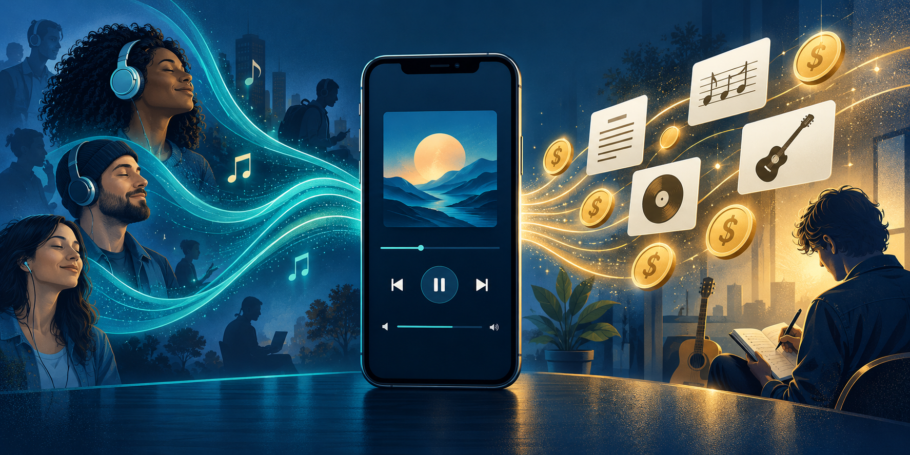 Music flowing from listeners through a streaming player toward a songwriter, accompanied by royalty symbols